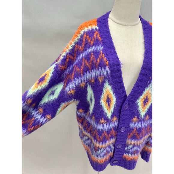 ASOS Reclaimed Vintage Oversize Purple Fair Isle Fuzzy Cardigan Unisex sz small - Picture 7 of 16